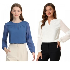 Allegra K Women's Chiffon Semi Sheer Keyhole Neck Elegant Work Blouse 2 Packs - 1 of 4