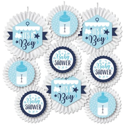 Big Dot of Happiness It's a Boy - Hanging Blue Baby Shower Tissue Decoration Kit - Paper Fans - Set of 9