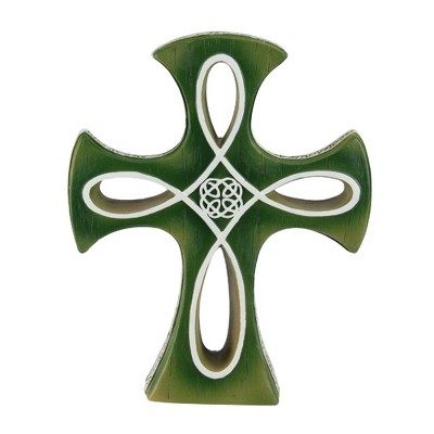 Roman 7.75" Irish Cross with a Celtic Design Table Top Decoration - Green/White