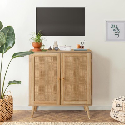 Buffet Cabinet with Storage, Entryway Cabinet Storage Cabinet with 2 Rattan Decorated Doors & Adjustable Shelves