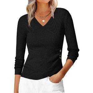 INSPIRE CHIC Women's V-Neck Knitted Ruched Button Decor Long Sleeve Slim Fit T-shirt - 1 of 4