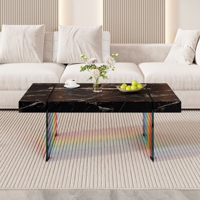 NicBex Rectangular Wooden Top Coffee Table with Tempered Glass Legs,DIY Sticker Center Table for Living Room,Living Room Furniture,Black