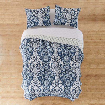 White and Indigo Floral Cotton Twin Quilt Set