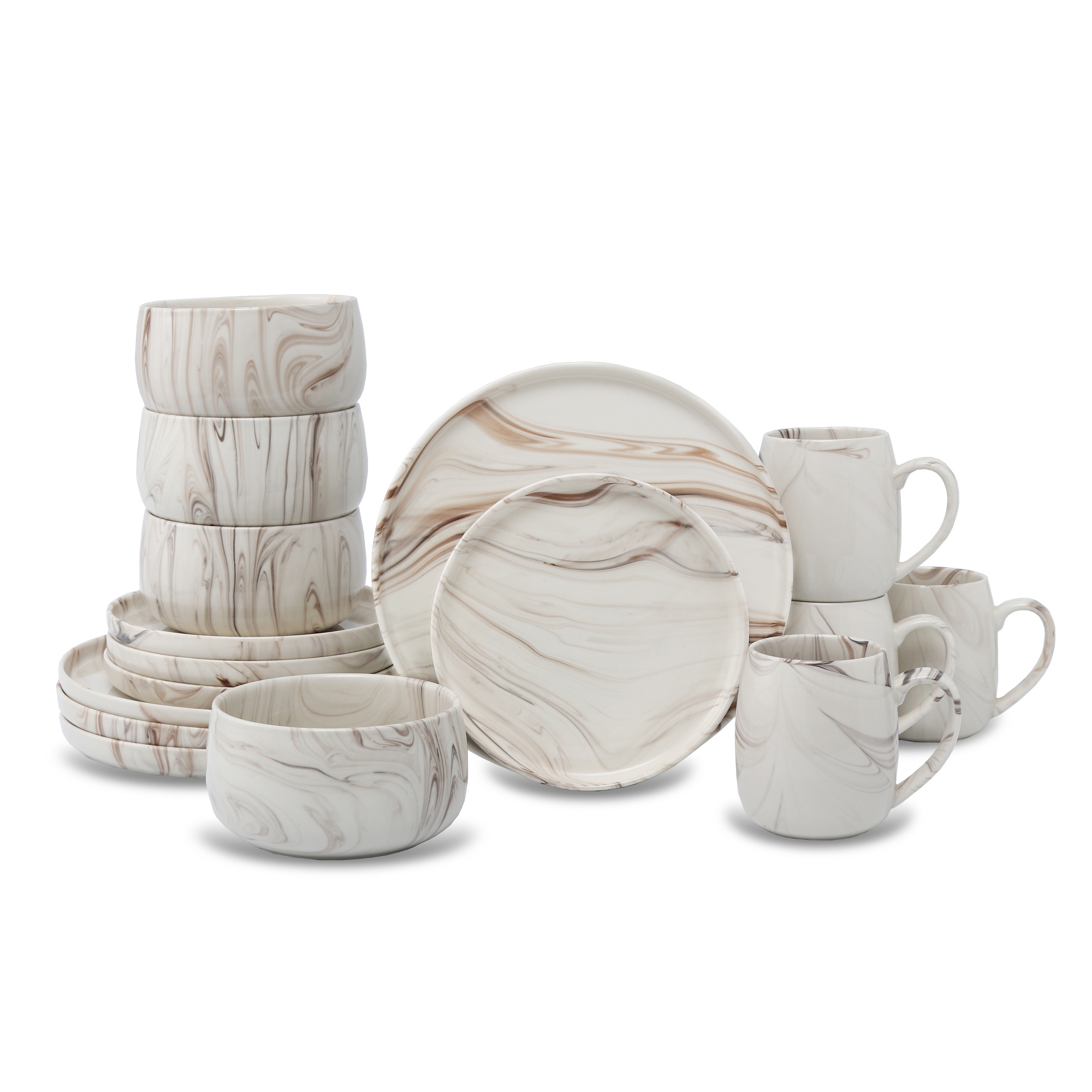 Lorren Home Trends Marble Pattern Dinnerware Set, 16 Piece Ceramic Dishes and Mugs, Modern Swirl Design, Beige and Brown