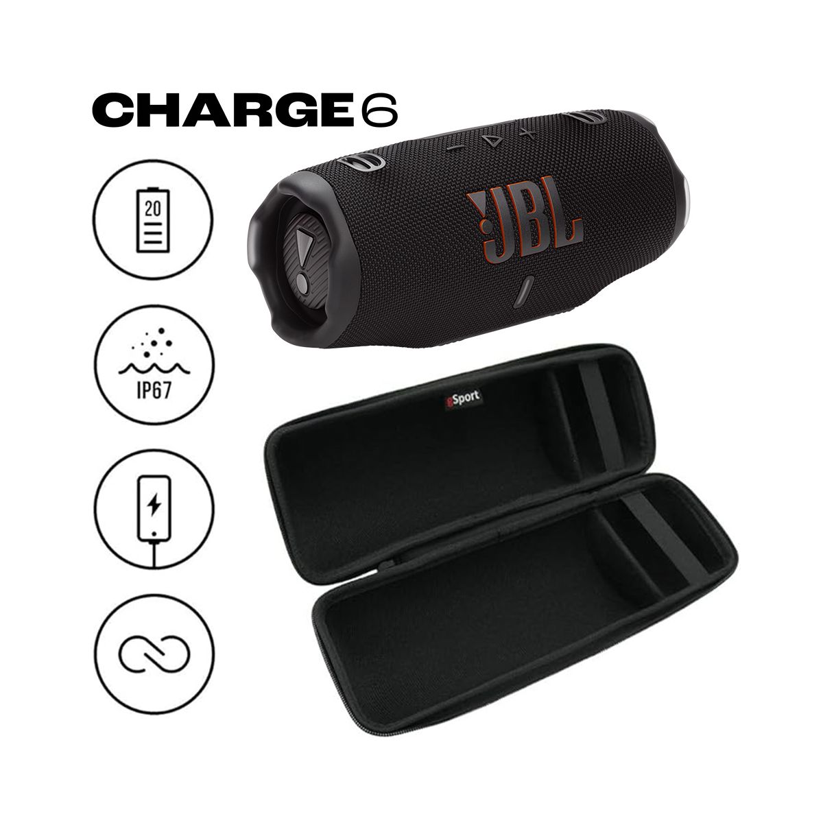 JBL CHARGE 6 Waterproof Portable Speaker Bundle with gSport Carbon Fiber Case - thumbnail 2