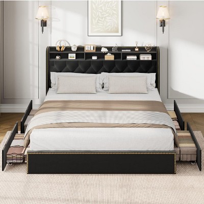 Homhougo Upholstered Full Size Bed Frame with Storage Drawers, Velvet Full Platform Bed with Tufted Headboard and Nailhead Trim Design, Black