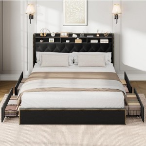Homhougo Upholstered Full Size Bed Frame with Storage Drawers, Velvet Full Platform Bed with Tufted Headboard and Nailhead Trim Design, Black - 1 of 4