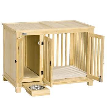 PawHut Small Dog Crate Furniture with Cabinet & Cushion, Wooden Dog Crate End Table with Food Bowl in Drawer, Indoor Dog Kennel Furniture Bed, Natural