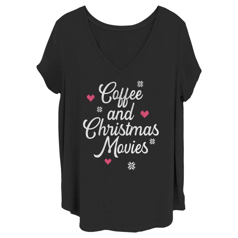 Juniors Womens Lost Gods Coffee and Christmas Movies Distressed T-Shirt, 1 of 5
