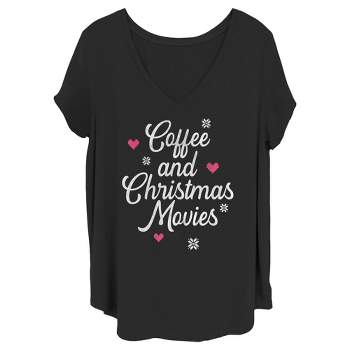 Juniors Womens Lost Gods Coffee and Christmas Movies Distressed T-Shirt