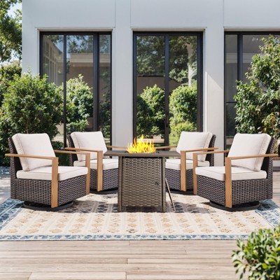 Buenhomino Outdoor Furniture with Fire Pit -Patio Table and Chairs Set of 4 Swivel Patio Chairs for Deck Porch Garden Poolside Backyard