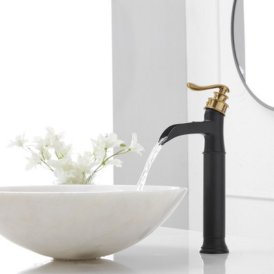 Gold and Matte Black Waterfall Vessel Sink Faucet with Lever Handle