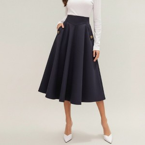 Anna-Kaci Women's Midi A-Line Skirt with Structured High Waist, Soft Flowing Panels, and Button-Tab Pocket Accents for Shape - 1 of 4