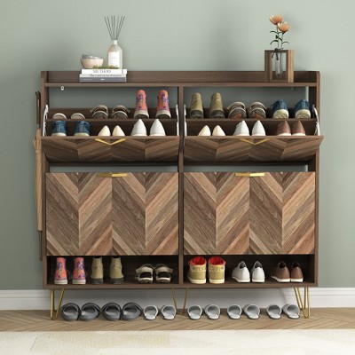 Resenkos Freestanding Large Shoe Cabinet Organizer with 4 Flip Drawers with Metal Legs, Anti-Tipping Device, Rustic Brown