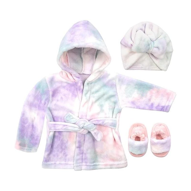 Tie Dye Baby Girls Bathrobe Towel, Slippers and Turban, Bath Robe Spa Set for infants 0-24 Months, 1 of 4