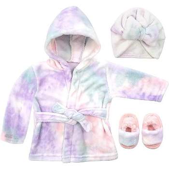 Tie Dye Baby Girls Bathrobe Towel, Slippers and Turban, Bath Robe Spa Set for infants 0-24 Months
