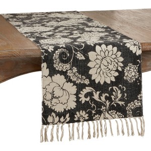 Saro Lifestyle Floral Table Runner With Fringed Design, 16"x72", Black - 1 of 4