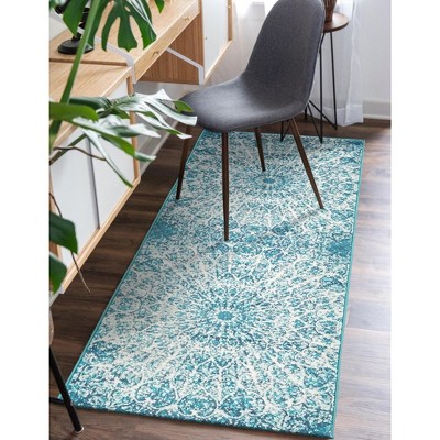 Turquoise and White Synthetic Reversible Runner Rug