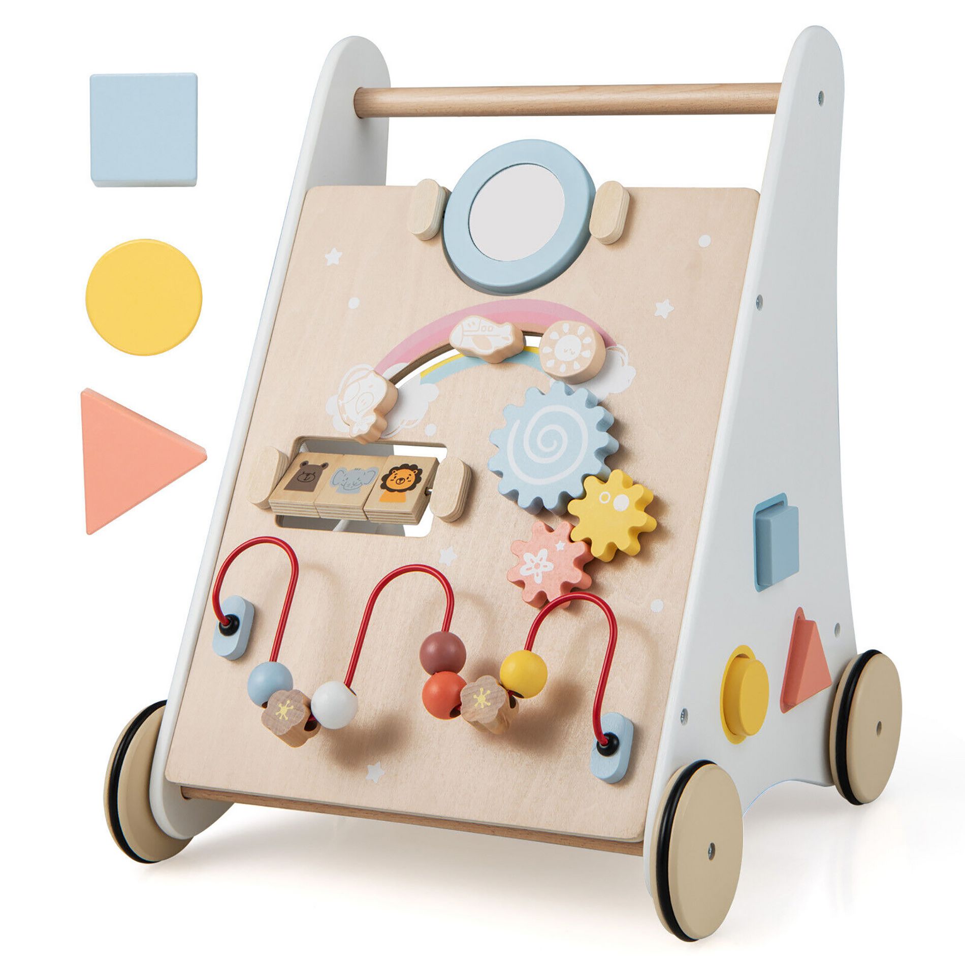 Costway Wooden Baby Push and Pull Sit-to-Stand Learning Walker with Mirror Shape Sorter for 1+ Year Old