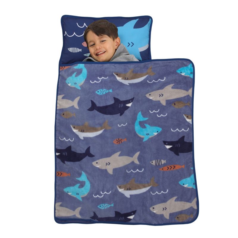 Everything Kids Blue and Grey Shark Toddler Nap Mat with Pillow and Blanket, 1 of 5
