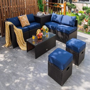 Costway 8 PCS Outdoor Wicker Furniture Set with Storage Box Tempered Glass Table 2 Ottomans - 1 of 4