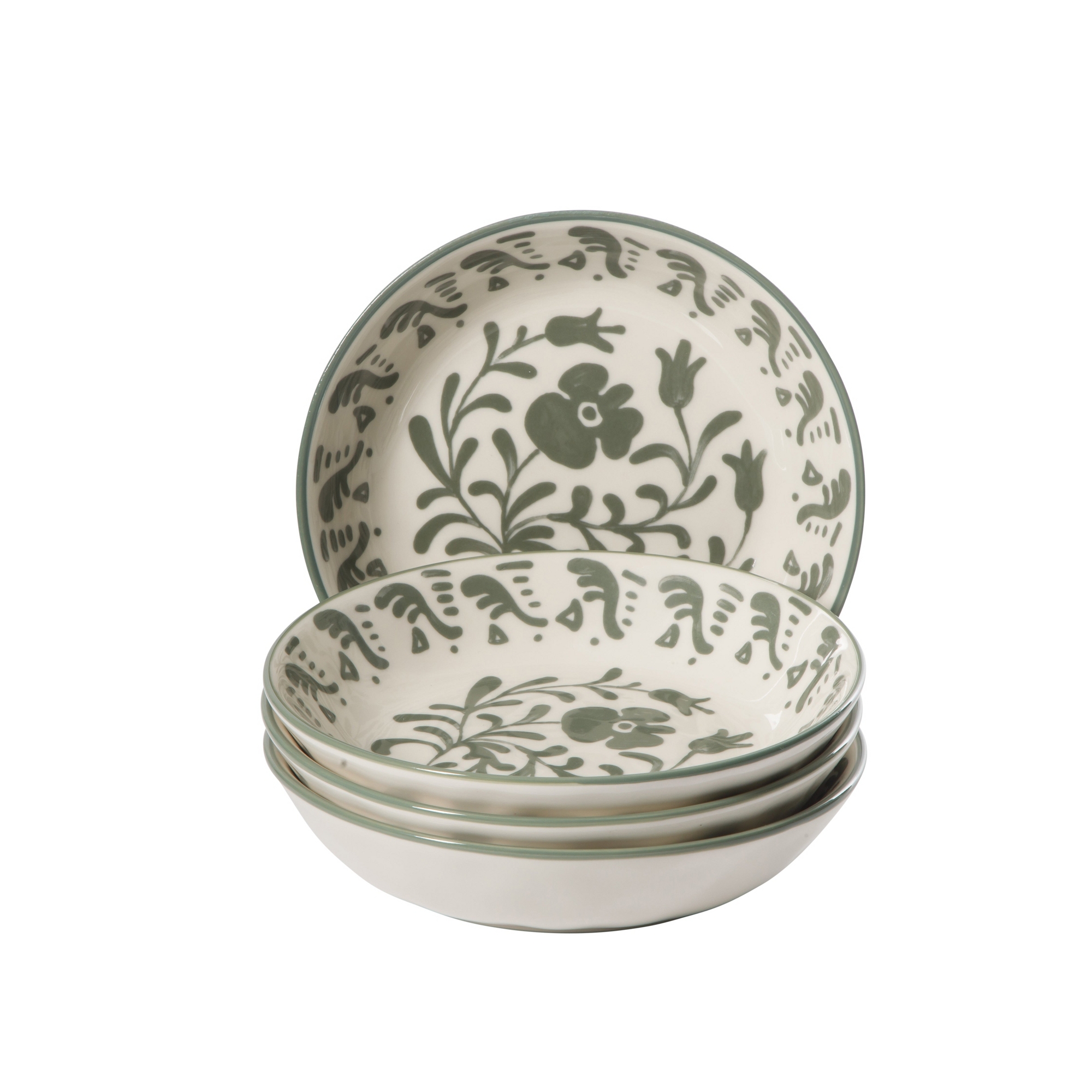 Bloomhouse - 2-Time Oprah’s Favorite Things - 4 Piece Dinner Bowl Set, 8” Stoneware Pasta Bowls, Floral Design, Dishwasher Safe - Fern Green