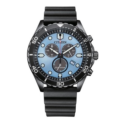 Citizen Men's Eco-Drive Sport Casual Watch, Black Polyurethane Strap, Light Blue Dial, Chronograph, 12/24 Hour Time, Date