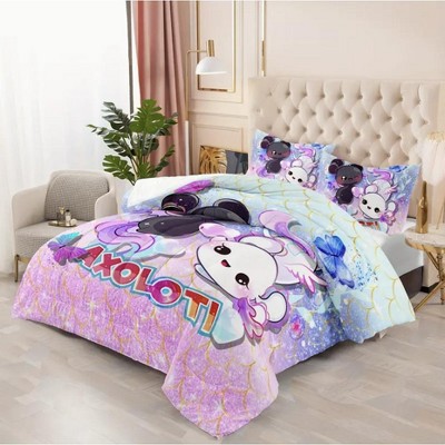 Boersma Rainbow Axolotl Comforter Set - 3D Printed Quilt with Glittering Fish Scales and Butterfly Design,Pink Duvet Set with 2 Pillowcases