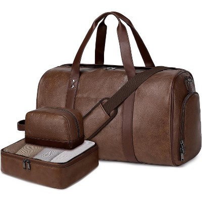 3-Piece Leather Weekender Duffel Bag Set with Shoe Compartment & Toiletry Bag, Large Overnight C