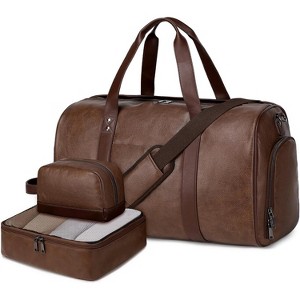 3-Piece Leather Weekender Duffel Bag Set with Shoe Compartment & Toiletry Bag, Large Overnight C - 1 of 4