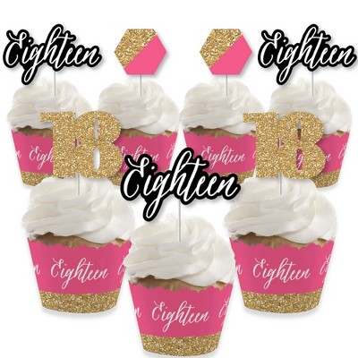 Big Dot of Happiness Chic 18th Birthday - Pink, Black and Gold - Cupcake Decoration - Birthday Party Cupcake Wrappers and Treat Picks Kit - Set of 24