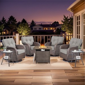 Buenhomino 7Pcs Patio Rocking Swivel Chair with 50,000 BTU Fire Pit Table Outdoor Wicker Rattan Bistro Set with Tempered Glass Side Table - 1 of 4