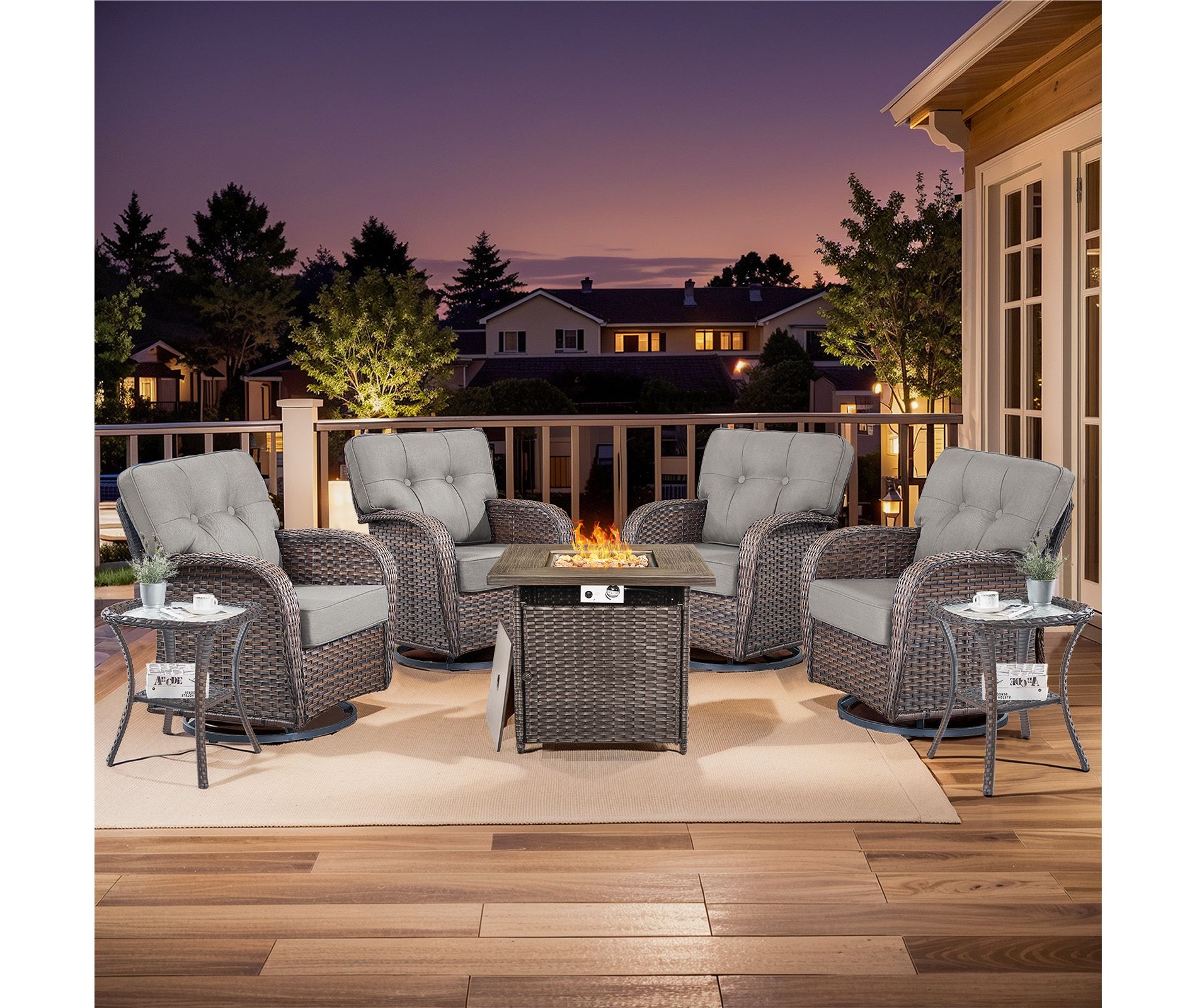 Buenhomino 7Pcs Patio Rocking Swivel Chair with Square Fire Pit Table Outdoor Wicker Rattan Bistro Set with Tempered Glass Side Table