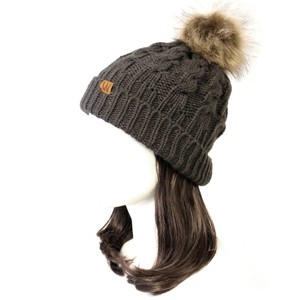 Wrapables Cable Knit Faux Fur Pom Pom Beanie, Adult Charcoal Gray - 1 of 3