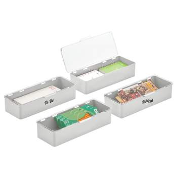mDesign Plastic Stackable Home Office Storage Box with 32 Labels, 5.5 x 13.3 x 3, Gray - 4 Pack