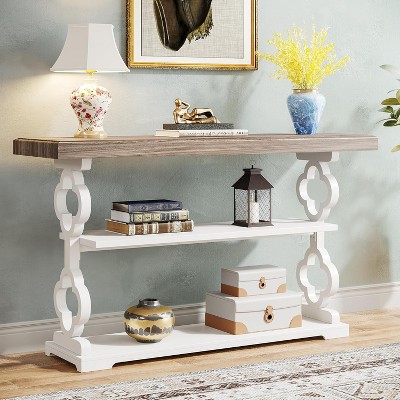 HDZNVF 55in French Country Console Table - Farmhouse Sofa Table with 3 Storage Shelves, Grey & White Entryway Table
