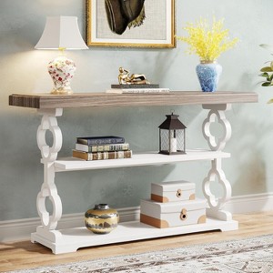 HDZNVF 55in French Country Console Table - Farmhouse Sofa Table with 3 Storage Shelves, Grey & White Entryway Table - 1 of 4