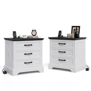 Farmhouse Nightstand with Charging Station, End Table with USB Ports & Outlets, BedSide Table with 3 Drawers for Living Room Bedroom - 1 of 4