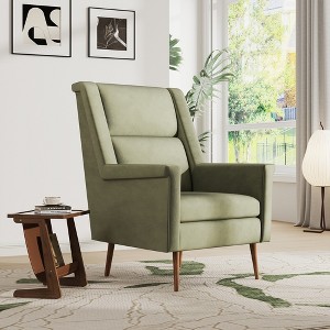 High-Back Mid-Century Chair with Wood Legs, Green - 1 of 4