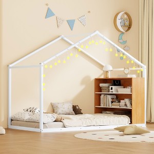 Twin Size Metal House Bed Frame with Shelves and Lights - 1 of 4