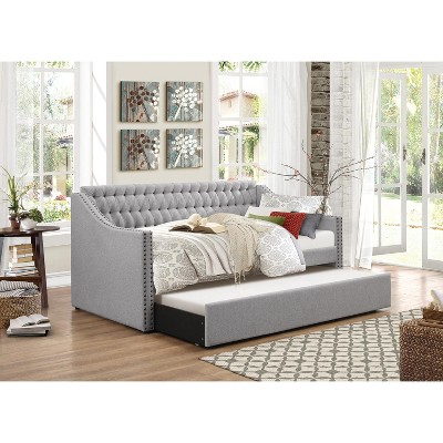 Modern Design Gray Polyester Polyester 1pc Sofa Bed w Trundle Button-Tufted Detail Nailhead Trim Daybed Wooden Furniture