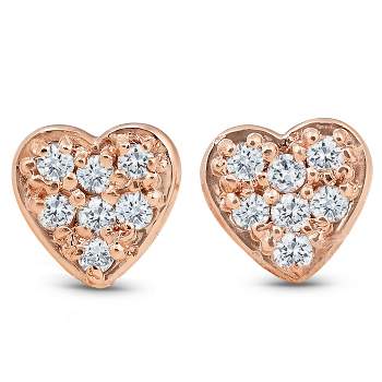 Pompeii3 14K Rose Gold Diamond Pave Petite Heart Studs Dainty High Polished 5.7MM