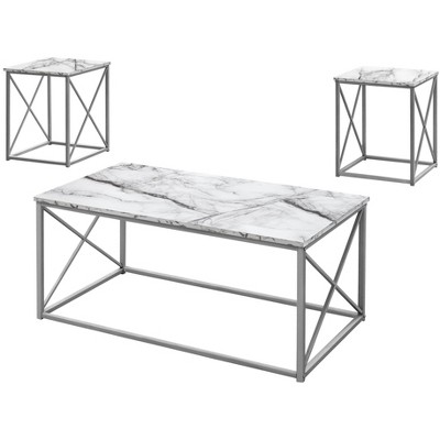 White Marble and Silver Metal 3-Piece Coffee and End Table Set