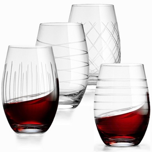 Medallion Stemless Wine Glass Set of 6, 17 oz, Etched Patterns, Textured Glass Cups, Glasses for Red or White Wine, Stemless Goblets, Fifth Avenue