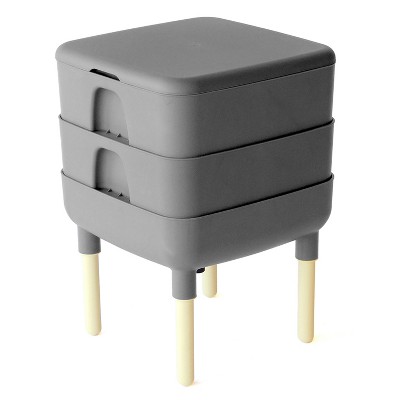 FCMP Outdoor Essential Living 6 Gallon UV Protected Plastic Worm Composter Bin Storage Container Box with 2 Trays for Garden and Home, Gray