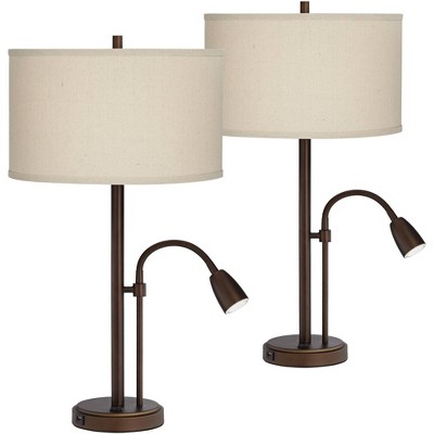 Possini Euro Design Modern Table Lamps Set of 2 with Hotel Style USB Charging Port  Gooseneck LED Bronze Oatmeal Shade for Living Room