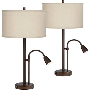 Possini Euro Design Traverse Modern Table Lamps 29" Tall Set of 2 with USB Charging Port Gooseneck LED Bronze Oatmeal Shade for Bedroom Living Room - 1 of 4