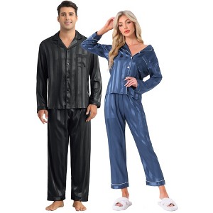 INSPIRE CHIC Couples Satin Pajamas Sets Long Sleeve Button Down Casual 2 Pack Striped Sleepwear - 1 of 4
