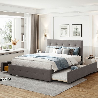 1 Queen Upholstered Bed Frame, Linen Fabric with Drawers and Twin XL Trundle, No Box Spring Needed, Tufted Headboard - Baofuwish