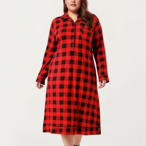 Anna-Kaci Lounge Women's Plaid Long Sleeve Midi Sleep Shirt with Soft Brushed Texture, Button-Front Detail and Relaxed Loose-Fit Silhouette - 1 of 4